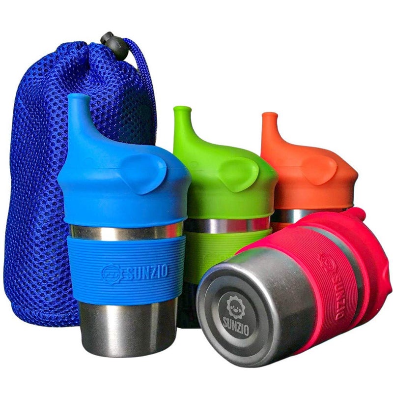 SUNZIO Sippy Cups for Toddlers and Kids, Stainless Steel Sippy Cup with Straw with Silicone Lids, BPA Free, Plastic Free, Break Proof Easy To Grip Soft Spout Cup for Babies, 10 oz, 4 Pack - Image 1